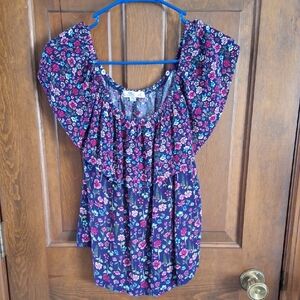 Wallflower Floral Off-Shoulder Blouse -Navy With Purple  and Pink Flowers